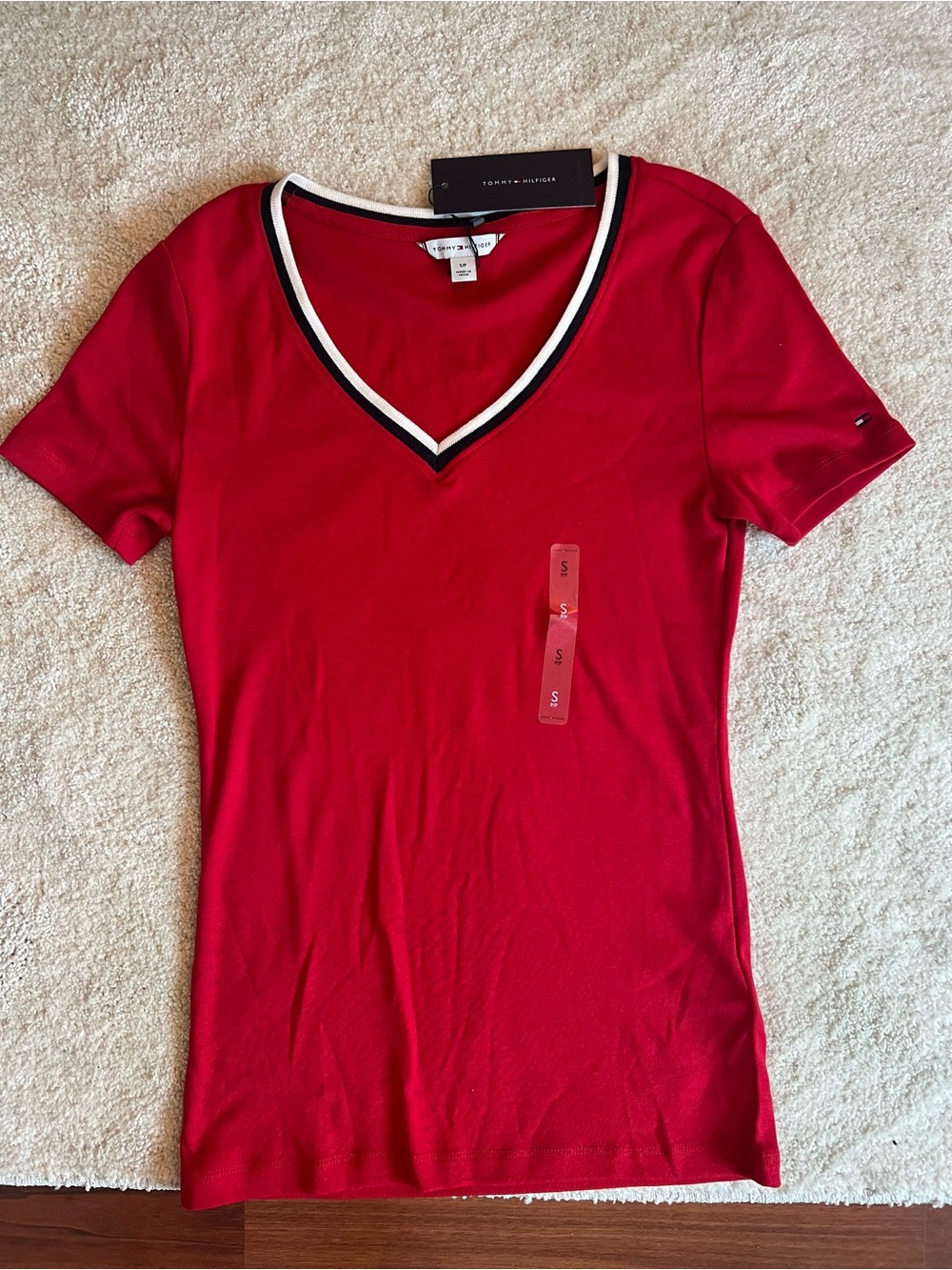 Tommy Hilfiger Red V-Neck Short Sleeve Tee with Contrast Trim
